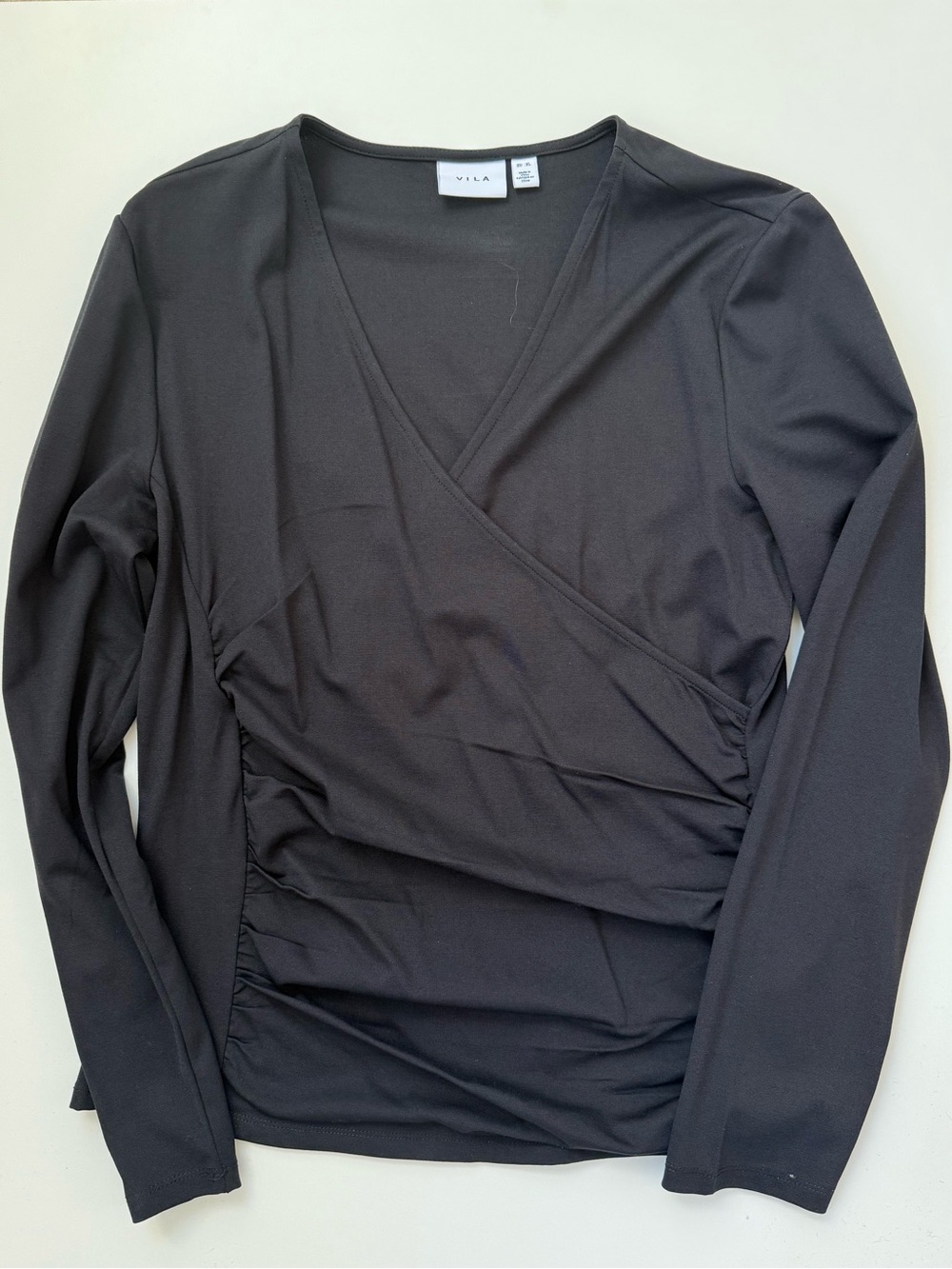 VILA Black Long Sleeve V-neck Wrap-Style Top XL (runs small, rather L), NWOT